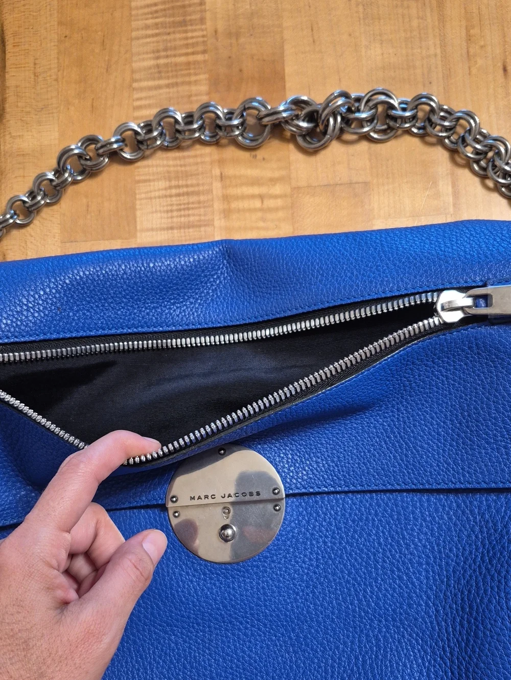 Marc Jacobs Gotham Blue Pebbled Leather Silver Chain Shoulder / Hand Purse Bag